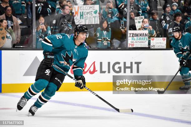 Patrick Marleau of the San Jose Sharks skates during warmups against the Calgary Flames at SAP Center on October 13, 2019 in San Jose, California.