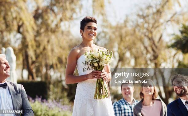 the bride's filled with such happiness - wedding ceremony aisle stock pictures, royalty-free photos & images