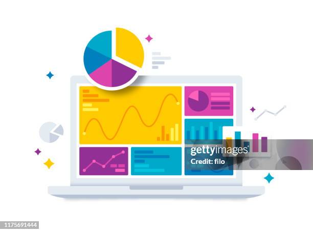 illustrazioni stock, clip art, cartoni animati e icone di tendenza di applicazione laptop software di dati statistici e analisi - trend