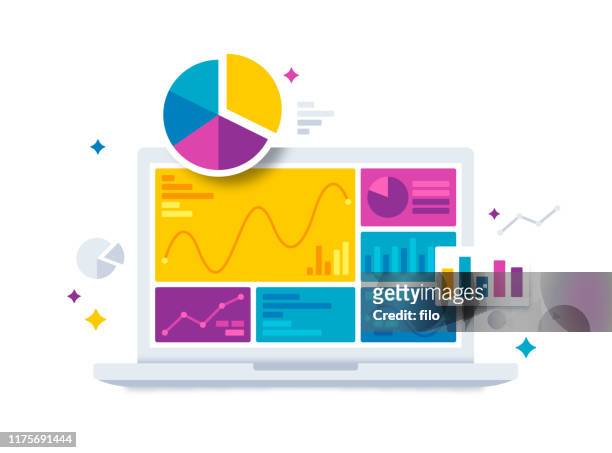 stockillustraties, clipart, cartoons en iconen met statistieken gegevens en analyse software laptop applicatie - organisieren