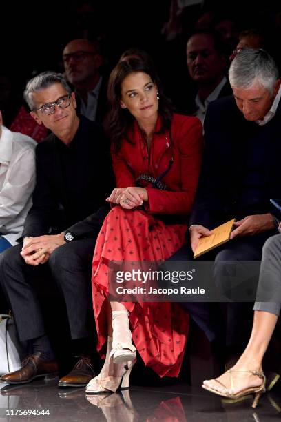 Serge Brunschwig and Katie Holmes attend the Fendi fashion show during the Milan Fashion Week Spring/Summer 2020 on September 19, 2019 in Milan,...