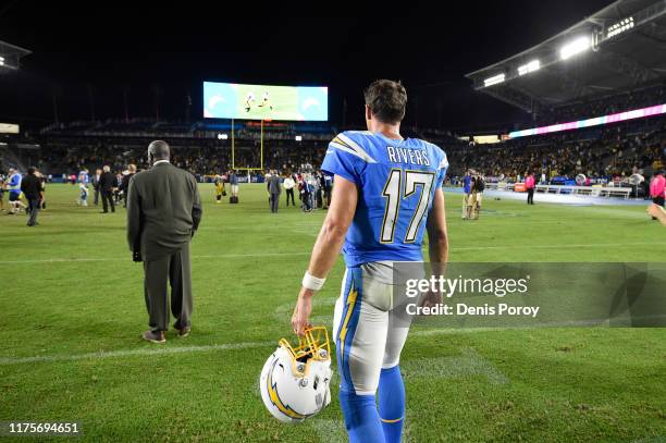 Philip Rivers of the Los Angeles Chargers stands on the field after a 24-17 loss to the Pittsburgh Steelers at Dignity Health Sports Park October 13,...