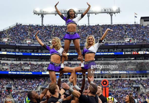 The Baltimore Ravens cheerleaders perform during the game against the Cincinnati Bengals on October 13 at M&T Bank Stadium in Baltimore, MD.