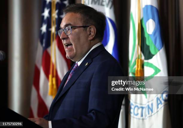 Environmental Protection Agency Administrator Andrew Wheeler makes a policy announcement at EPA headquarters September 19, 2019 in Washington, DC....