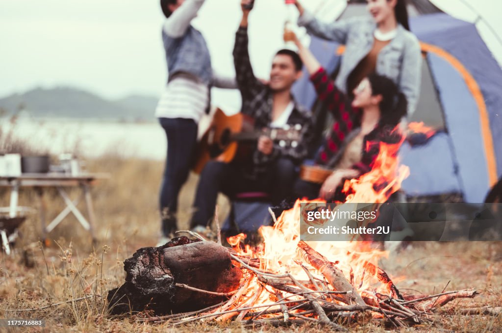 Plan rapproché du feu de joie et de l'amitié clinking verre potable de bouteille pour célébrer dans la partie avec le pré de montagne et le fond de vue de lac. Le mode de vie des gens et les vacances de voyage. Pique-nique et tente de camping