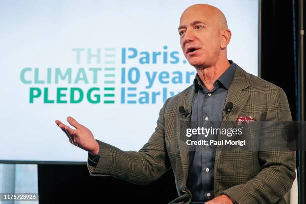 Amazon CEO Jeff Bezos announces the co-founding of The Climate Pledge at the National Press Club on September 19, 2019 in Washington, DC.