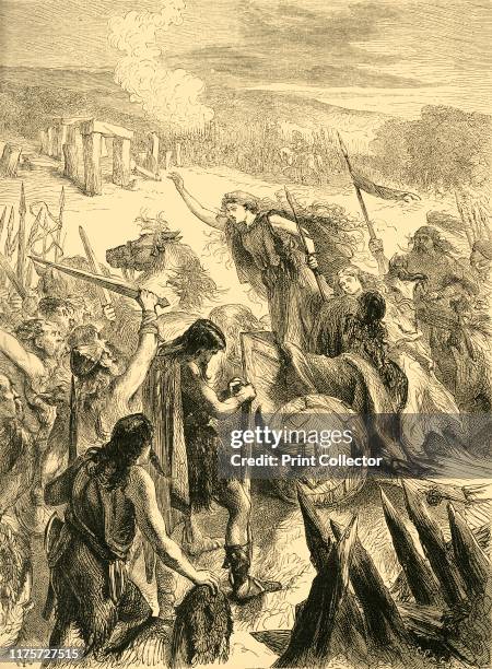 Boadicea', mid-late 19th century. Boudicca encourages her warriors from a chariot with blades on the wheels. The Roman army is gathered near a stone...