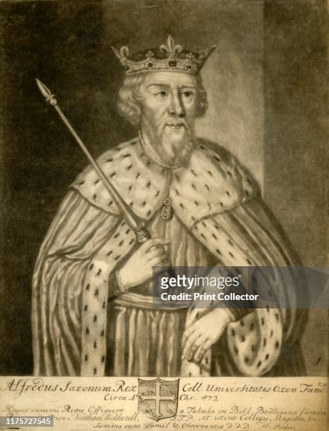 Alfred the Great, 1712. Portrait of Alfred wearing a crown and ermine robes, and holding a sceptre. King Alfred was King of Wessex from 871 to c886,...