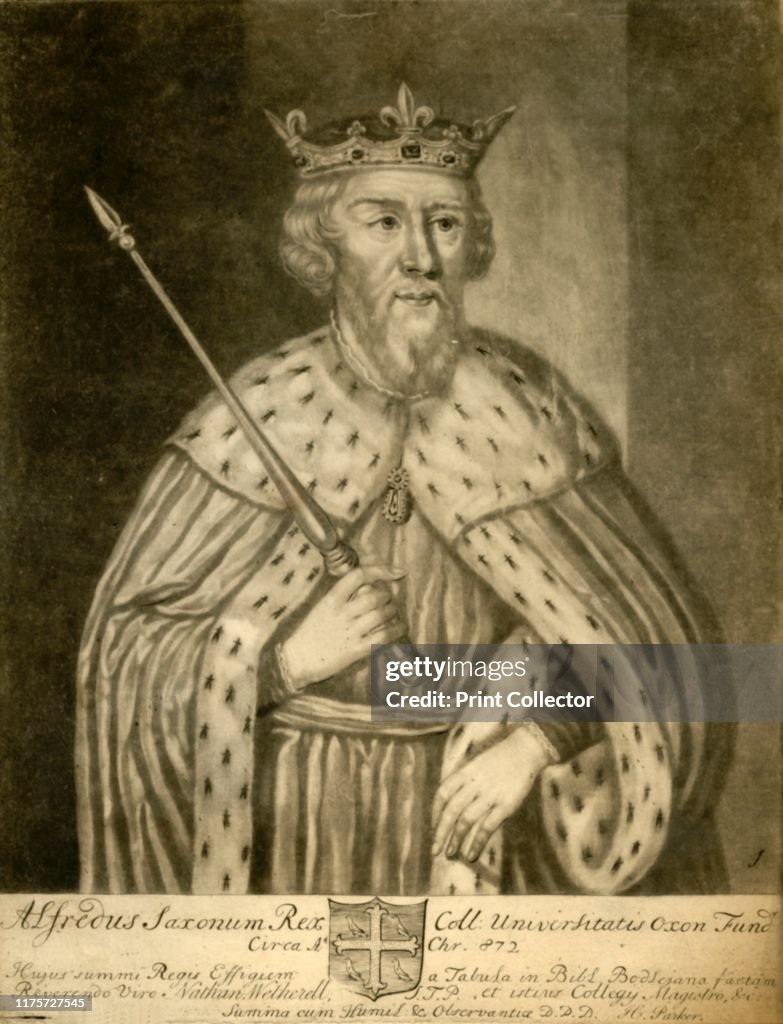 Original Alfred Alfred the Great, 1712. Portrait of Alfred wearing a crown and ermine ...