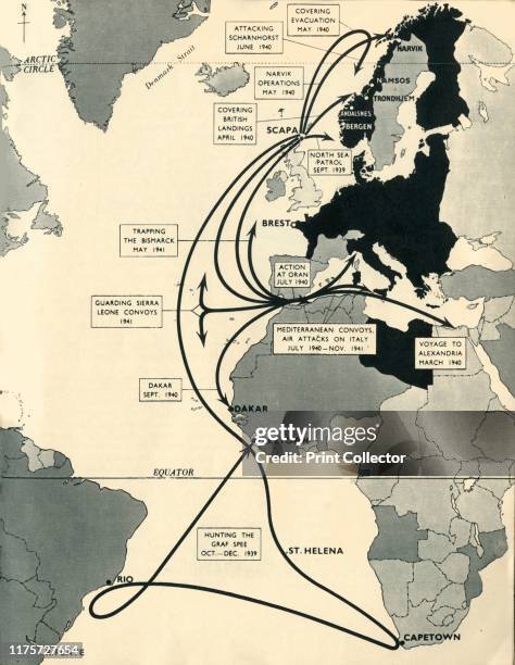 Map showing the movements of 'HMS Ark Royal', 1939-1941, . Map of the Atlantic Ocean, western Europe and Africa, indicating journeys and principal...