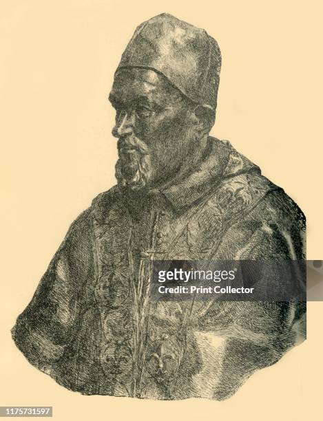 Bust of Pope Innocent X, circa 1690, . Etching of a bronze portrait bust of Giambattista Pamphili, Innocent X , made posthumously by Domenico Guidi...