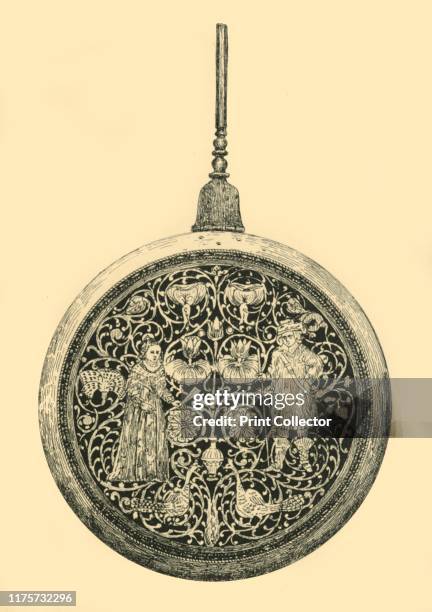 Brass warming pan, 17th century, . Etching of a warming pan with perforated and engraved lid, made in England. The decoration shows a man and woman...