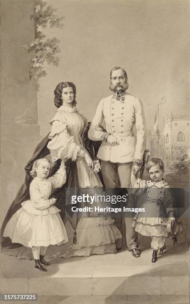 Emperor Franz Joseph I with Empress Elisabeth and their children Crown Prince Rudolf and Archduchess Gisela, circa 1860. Private Collection. Artist...