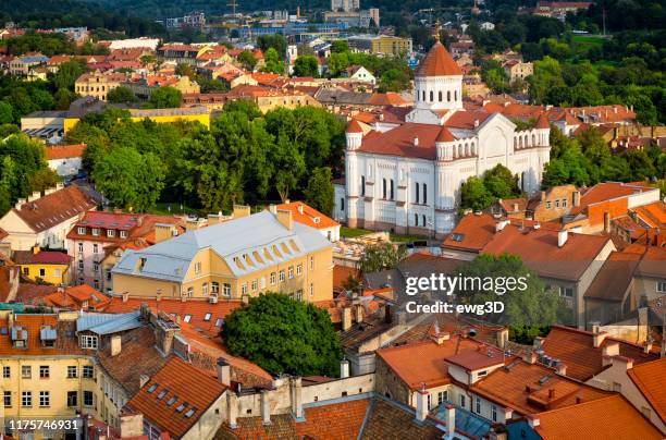 aerial view of the old town in vilnius with cathedral of the theotokos, lithuania - lithuanian stock pictures, royalty-free photos & images