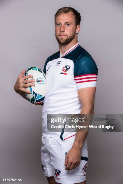 Ben Pinkelman of The United States poses for a portrait during the the USA Rugby World Cup 2019 squad photo call on September 19, 2019 in Yomitan,...