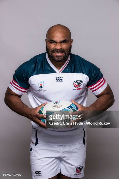 Paul Lasike of The United States poses for a portrait during the the USA Rugby World Cup 2019 squad photo call on September 19, 2019 in Yomitan,...