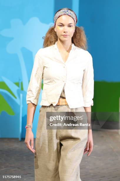 Model walks the runway at the Daniela Gregis show during the Milan Fashion Week Spring/Summer 2020 on September 19, 2019 in Milan, Italy.