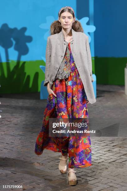 Model walks the runway at the Daniela Gregis show during the Milan Fashion Week Spring/Summer 2020 on September 19, 2019 in Milan, Italy.