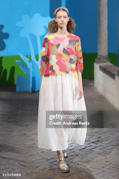 Model walks the runway at the Daniela Gregis show during the Milan Fashion Week Spring/Summer 2020 on September 19, 2019 in Milan, Italy.