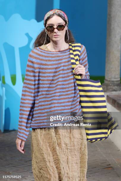 Model walks the runway at the Daniela Gregis show during the Milan Fashion Week Spring/Summer 2020 on September 19, 2019 in Milan, Italy.