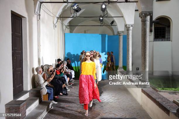Models walk the runway at the Daniela Gregis show during the Milan Fashion Week Spring/Summer 2020 on September 19, 2019 in Milan, Italy.