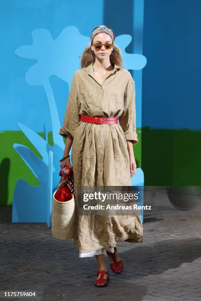 Model walks the runway at the Daniela Gregis show during the Milan Fashion Week Spring/Summer 2020 on September 19, 2019 in Milan, Italy.