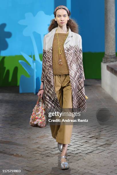 Model walks the runway at the Daniela Gregis show during the Milan Fashion Week Spring/Summer 2020 on September 19, 2019 in Milan, Italy.