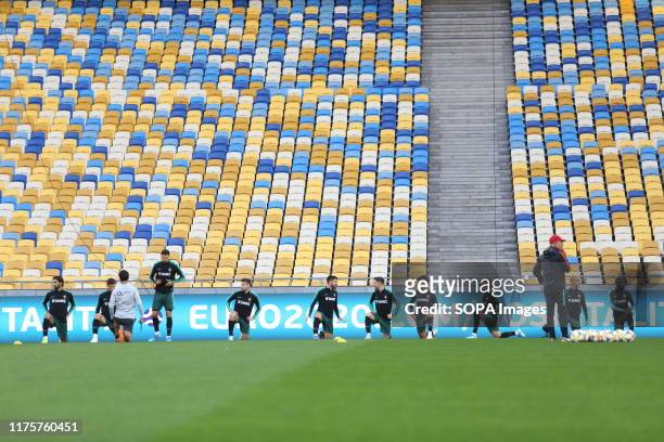 Portugal national football team players are seen during the training session at the Olimpiyskiy stadium in Kiev. Portugal and Ukrainian national...