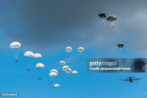 un avion hercules largue des parachutistes à l'occasion du 75e anniversaire de l'opération market garden pendant la seconde guerre mondiale - nimegue photos et images de collection