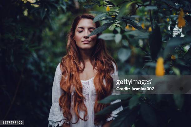 connection with nature - beautiful woman with eyes closed stock pictures, royalty-free photos & images