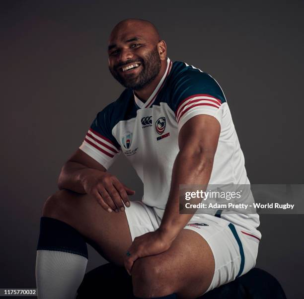 Paul Lasike of The United States poses for a portrait during the the USA Rugby World Cup 2019 squad photo call on September 19, 2019 in Yomitan,...