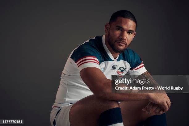 Martin Iosefo of The United States poses for a portrait during the the USA Rugby World Cup 2019 squad photo call on September 19, 2019 in Yomitan,...