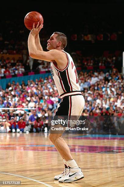 Chris Mullin of the United States Senior Men's National Basketball Team shoots during the Basketball Tournament of Americas circa 1992 at the...