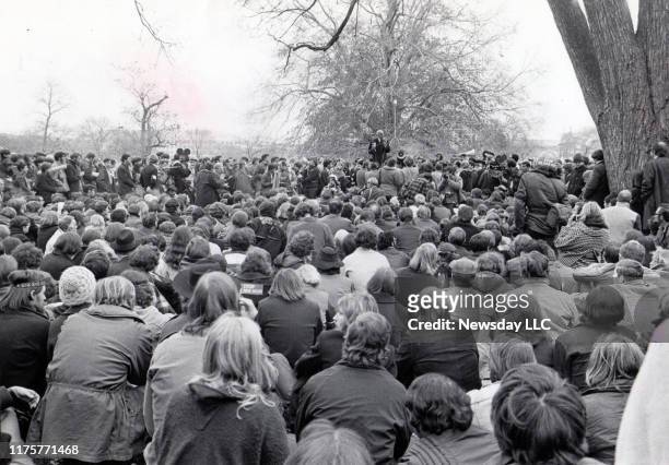 Dr. Benjamin Spock speaks to a group assembled at at Yippie rally opposite the Dept. Of Justice building in Washington, D.C. On November 14, 1969....