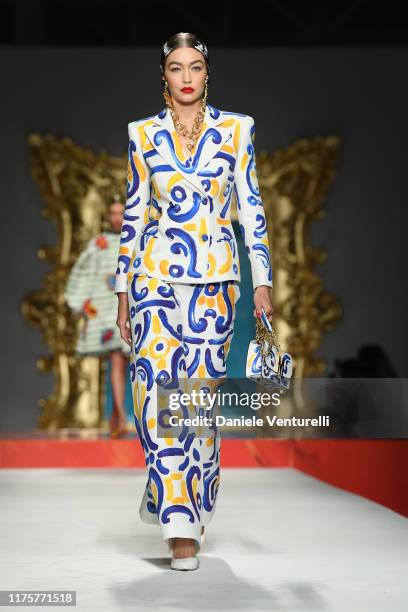 Gigi Hadid walks the runway at the Moschino show during the Milan Fashion Week Spring/Summer 2020 on September 19, 2019 in Milan, Italy.