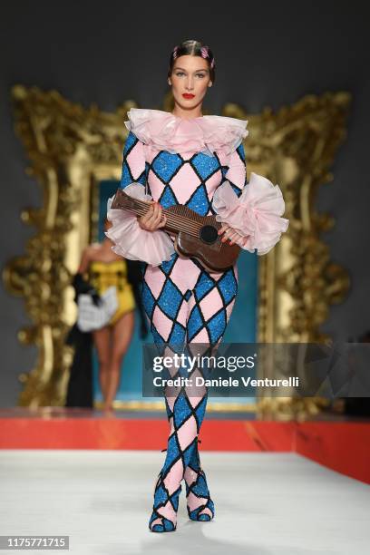 Bella Hadid walks the runway at the Moschino show during the Milan Fashion Week Spring/Summer 2020 on September 19, 2019 in Milan, Italy.