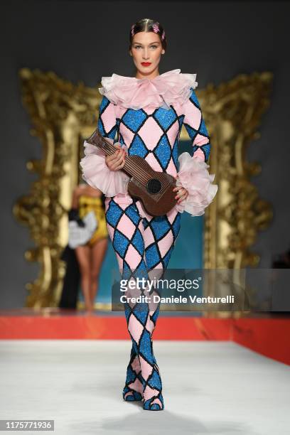 Bella Hadid walks the runway at the Moschino show during the Milan Fashion Week Spring/Summer 2020 on September 19, 2019 in Milan, Italy.