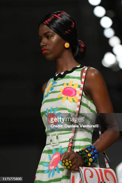 Model walks the runway at the Moschino show during the Milan Fashion Week Spring/Summer 2020 on September 19, 2019 in Milan, Italy.