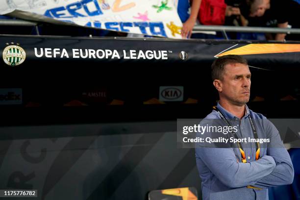 Serhii Rebrov head coach of Ferencvarosi TC looks on prior to the UEFA Europa League group H match between Espanyol Barcelona and Ferencvarosi TC at...