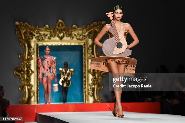 Kaia Gerber walks the runway at the Moschino show during the Milan Fashion Week Spring/Summer 2020 on September 19, 2019 in Milan, Italy.