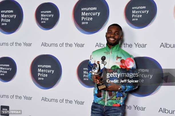 Winner rapper Dave poses with the Hyundai Mercury Prize: Albums of the Year Award at Eventim Apollo, Hammersmith on September 19, 2019 in London,...