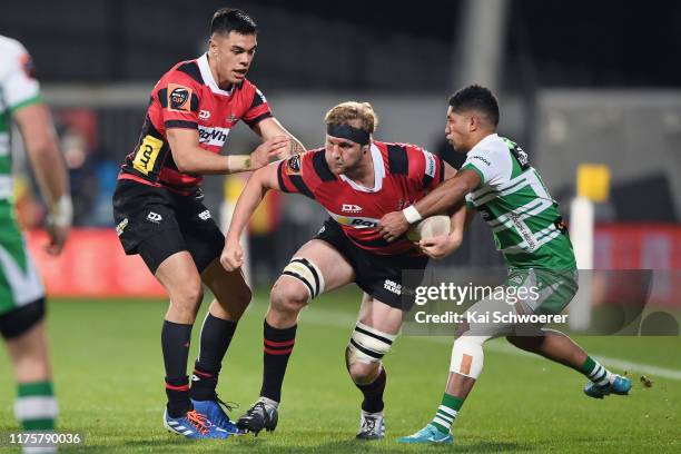 Mitchell Dunshea of Canterbury charges forward during the round 7 Mitre 10 Cup match between Canterbury and Manawatu at Orangetheory Stadium on...