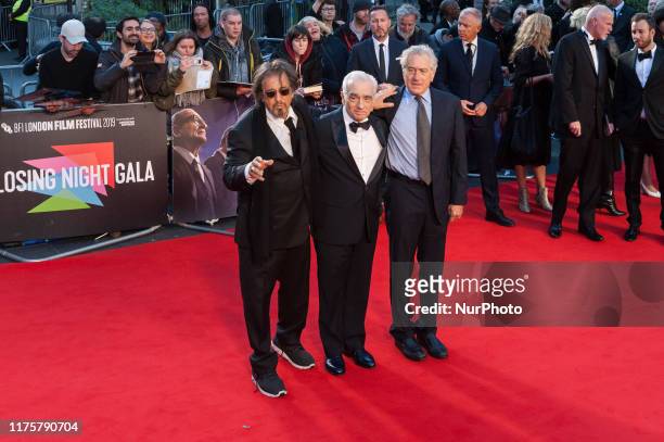Al Pacino, Martin Scorsese and Robert De Niro attend the international film premiere of 'The Irishman' at Odeon Luxe Leicester Square during the 63rd...