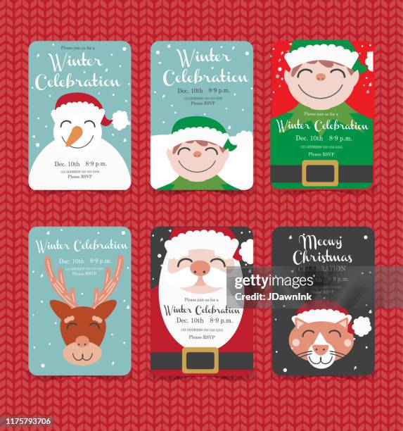 ilustraciones, imágenes clip art, dibujos animados e iconos de stock de colorida mano dibujada feliz navidad navidad saludo colección de tarjetas sobre fondo de punto - hand drawn christmas card with reindeer