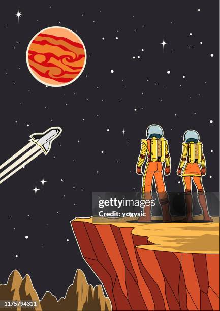 vector retro astronaut couple from rear view on planet with outer space background illustration - planet jupiter stock illustrations