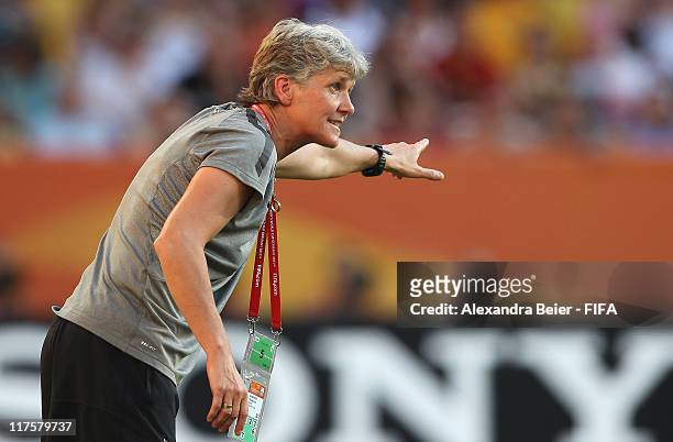 Team coach Pia Sundhage of USA reacts during the FIFA Women's World Cup 2011 Group C match against Korea DPR on June 28, 2011 in Dresden, Germany.