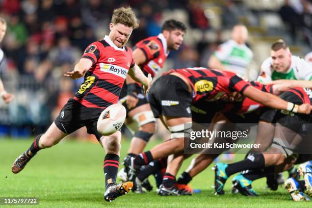 Mitchell Drummond of Canterbury kicks the ball during the round 7 Mitre 10 Cup match between Canterbury and Manawatu at Orangetheory Stadium on...