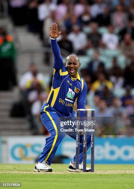 Sanath Jayasuriya of Sri Lanka celebrates the wicket of Ian Bell during the first Natwest One Day International between England and Sri Lanka at The...