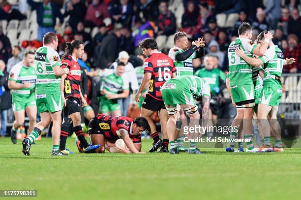 Daniel Lienert-Brown of Canterbury reacts after the loss in the round 7 Mitre 10 Cup match between Canterbury and Manawatu at Orangetheory Stadium on...