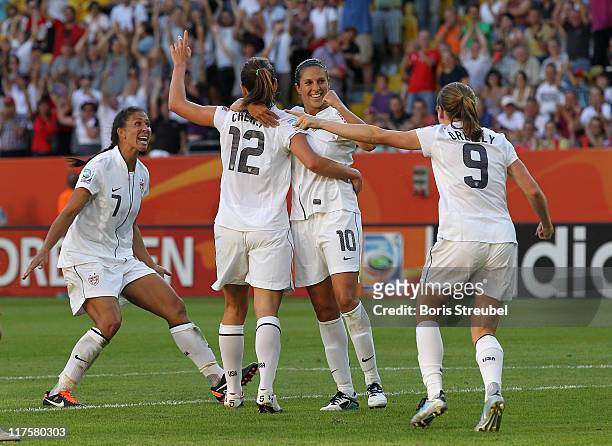 Lauren Cheney of USA celebrates the first goal with her team mates Shannon Boxx , Carli Lloyd and Heather O Reilly during the FIFA Women's World Cup...